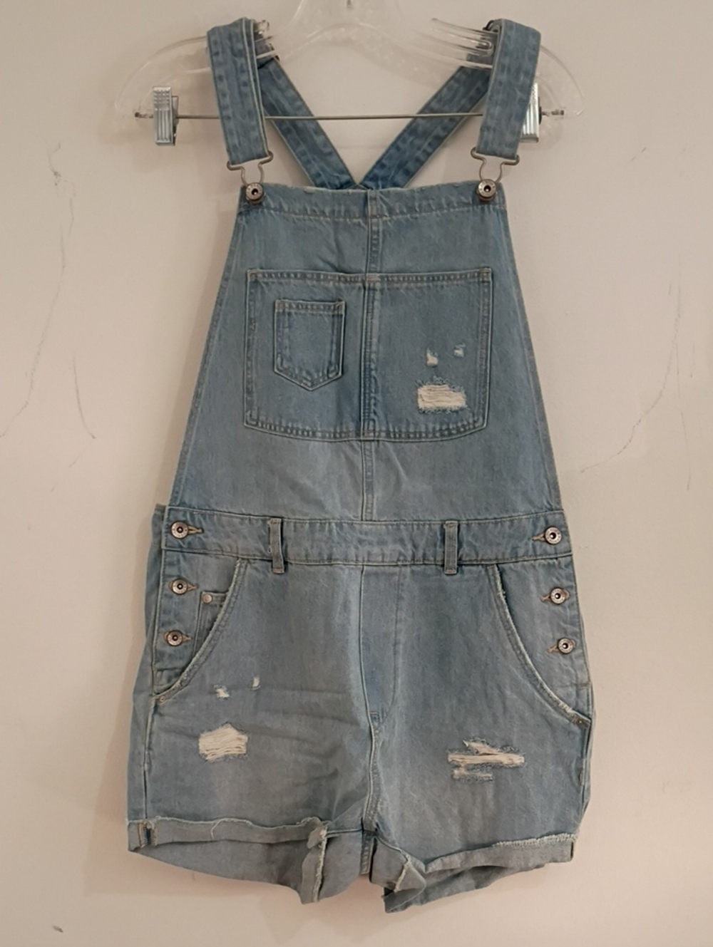 H&M Light Blue Distressed Denim Short Overalls